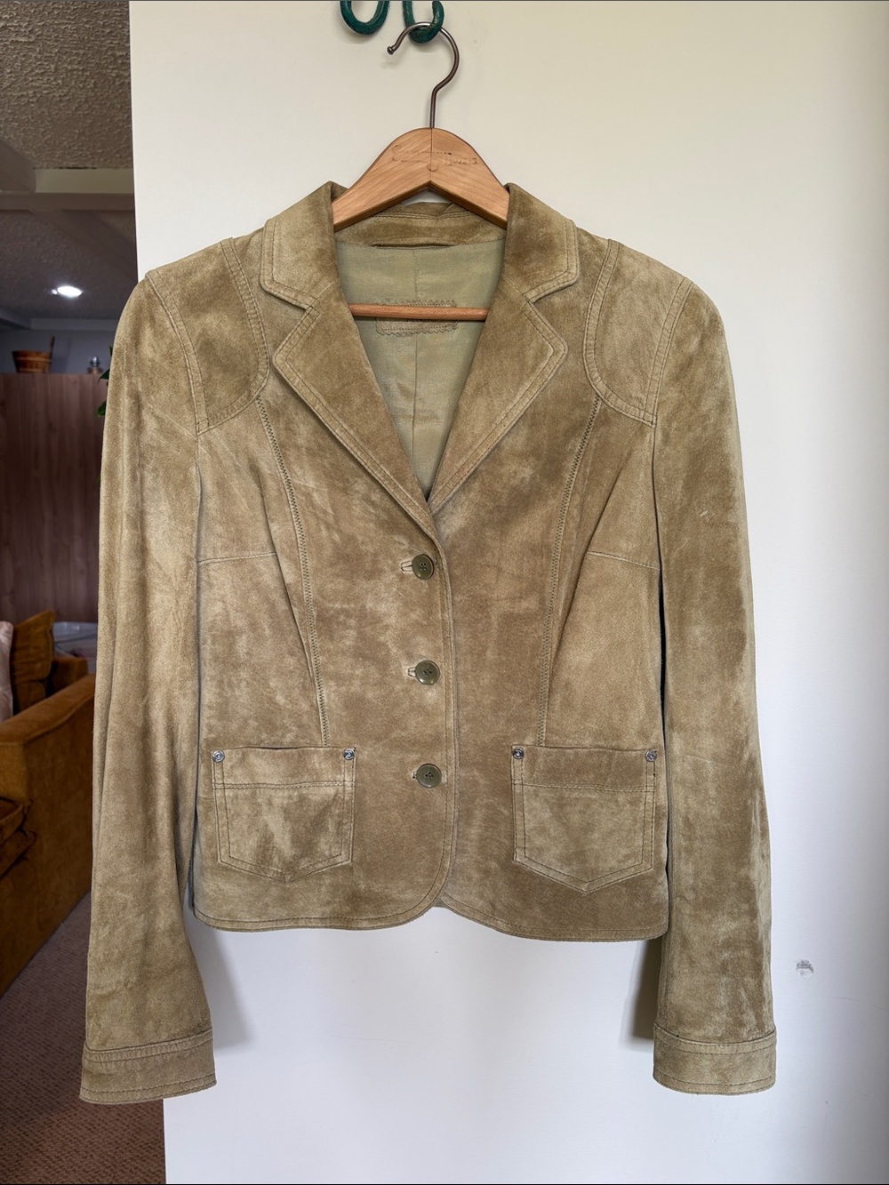 Betty Barclay Sage Green / Taupe Suede Leather Blazer Jacket EU 34 XS